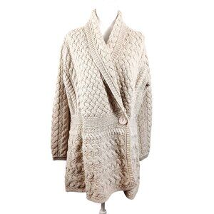 NWOT Aran Crafts Ireland, LRG, Beige Chunky Cable Knit Cardigan,100% Merino Wool